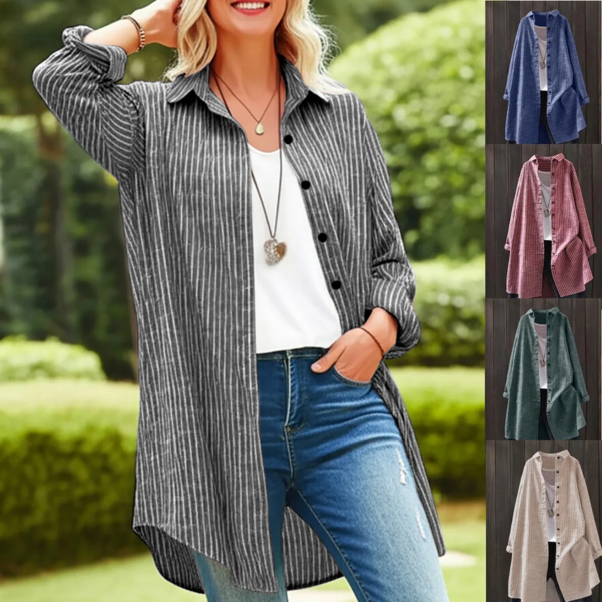 

Spring Summer Women's Linen Striped Shirt Long Sleeve Pocket Blouses Casual Tops Blouse Top Look