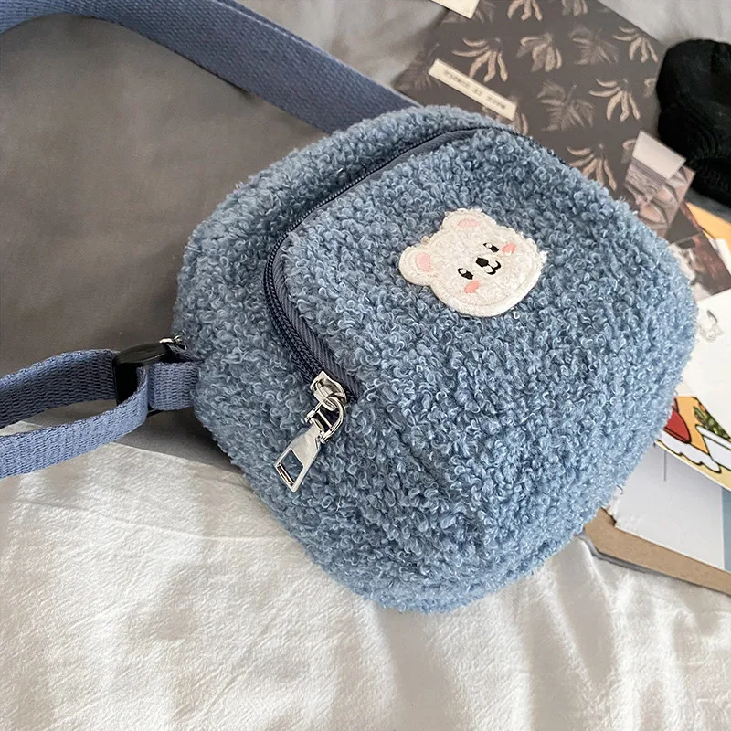 Women Plush Shoulder Bag Cute Bear Print Lamb Like Fabric Crossbody Bags Ladies Cloth Zipper Small Purse Mobile Phone Handbag