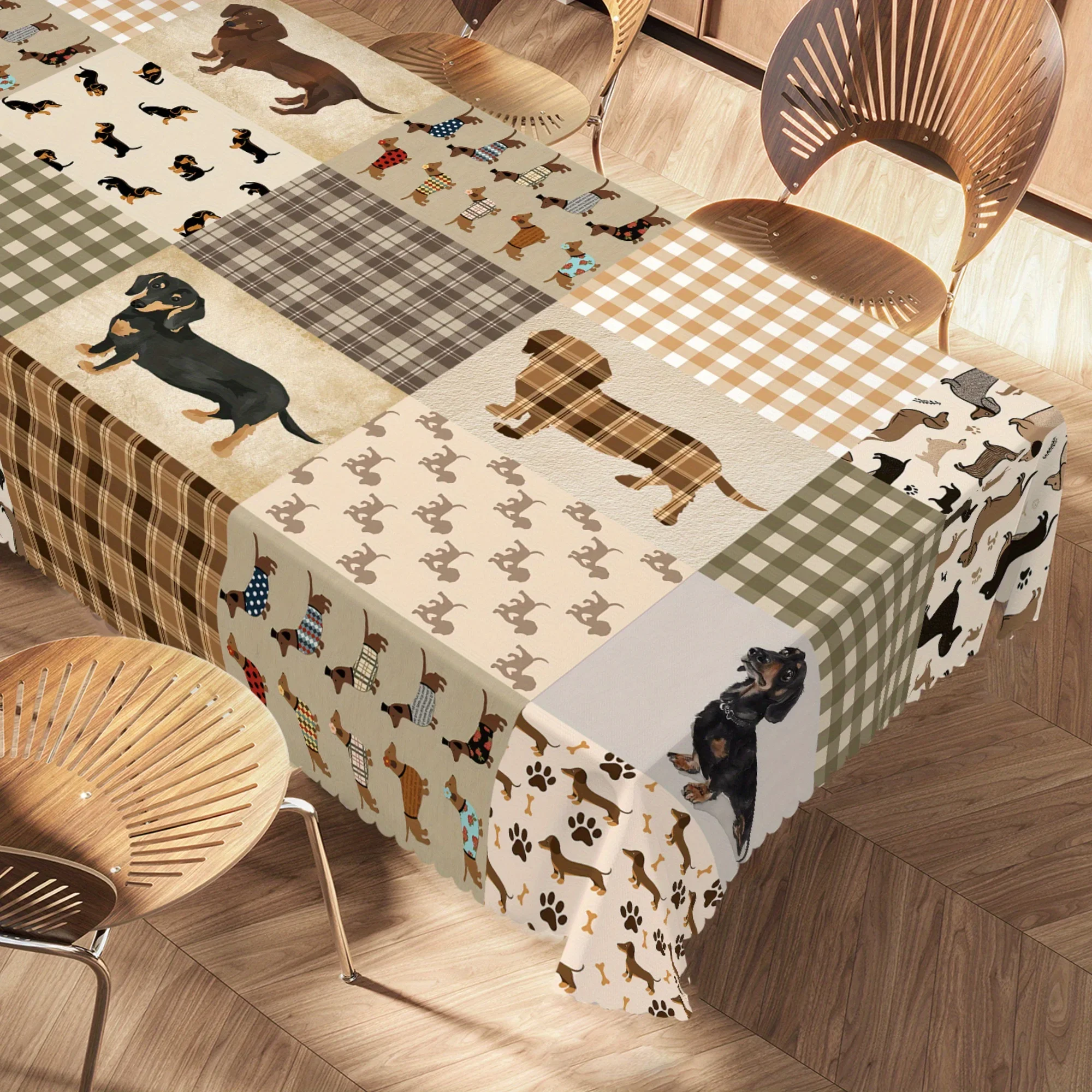 One modern-style sausage dog print tablecloth in various sizes. Gift for pet lovers.