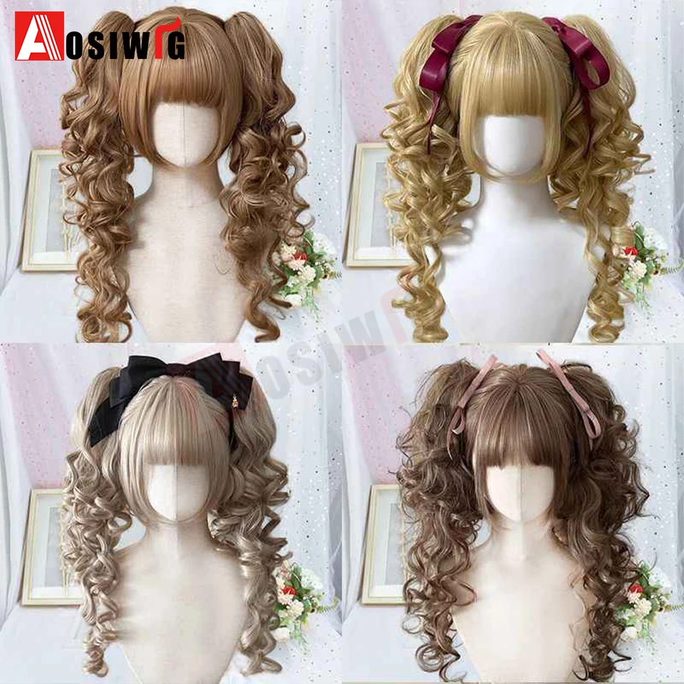 Synthetic Princess Cut Double ponytail Lolita Wig with Bangs Girl Ombre Blonde brown White gray Cosplay Halloween Harajuku wig
