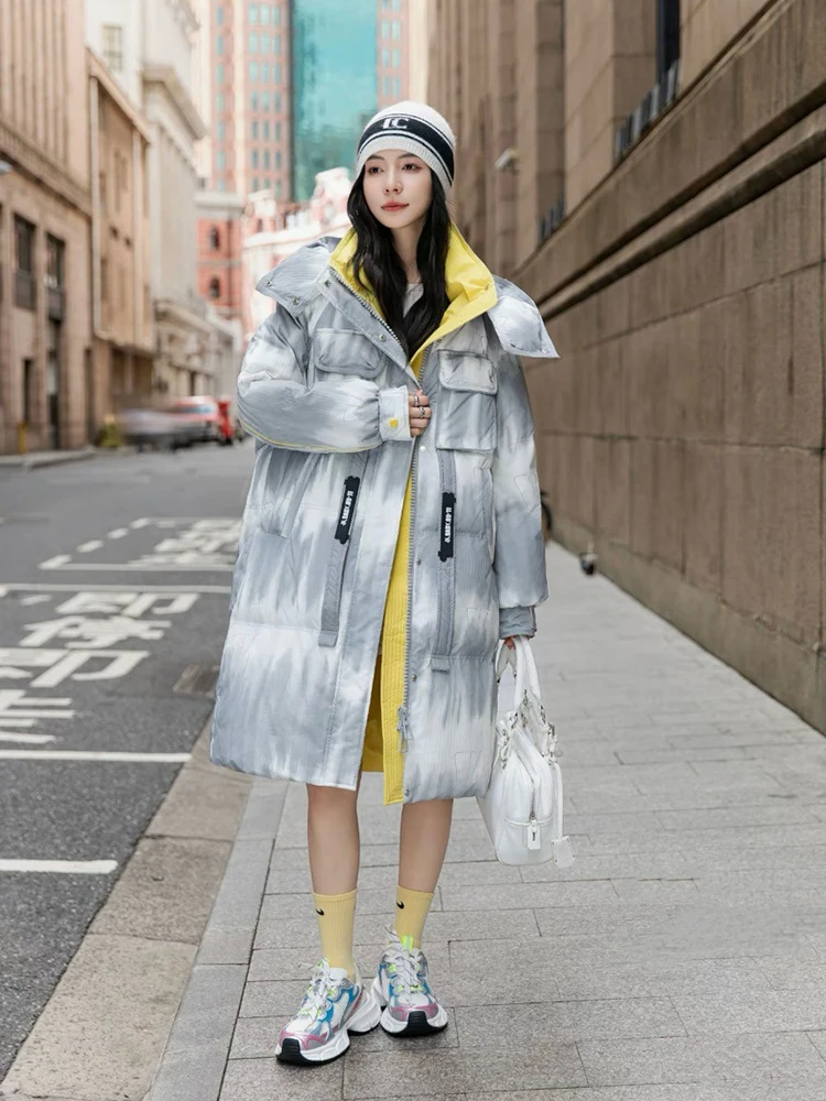 الشتاء طويل التدرج التعادل صبغ مقنعين أسفل سترة باركر الإناث الأبيض بطة أسفل الركبة طول السترات النساء سميكة مبطن أبلى #3