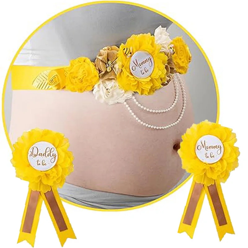 

1set/ Bumblebee Maternity Sash Corsage Set Yellow Flower Belly Belt Dad Pin for Baby Shower, Mom to Be Photography Props