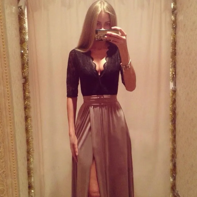 Elegante Mode Spitze Spleißen Split Maxi Kleid für Frauen Club Party Abendkleid Sexy Tiefem V-ausschnitt Hohe Split Lange Kleider Kleid