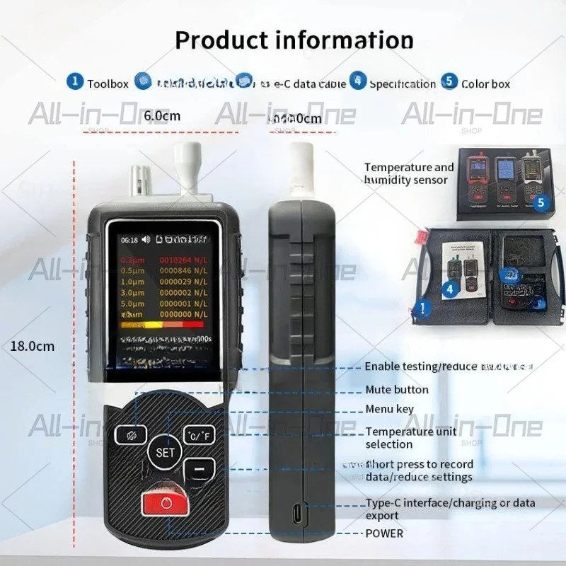6-Channel Dust Particle Counter Particulate Matter Tester Meter for Indoor and Outdoor Dust Particle Air Quality Monitor