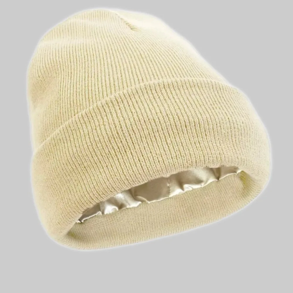 New Satin Satin Lined Beanie Cap Double Layer Anti-Static Slouchy Beanie Knit Construction Sleeping Cap Winter Wear