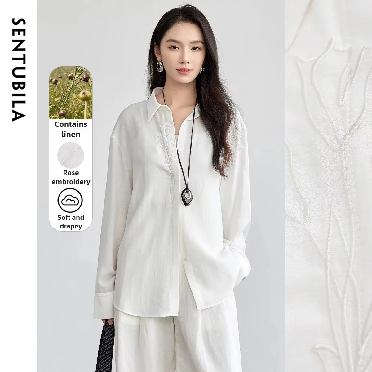 

SENTUBILA элегантные простые рубашки женские, осень 202, новая длинная рубашка с вышивкой розы, женские топы с заниженными плечами 151C57875