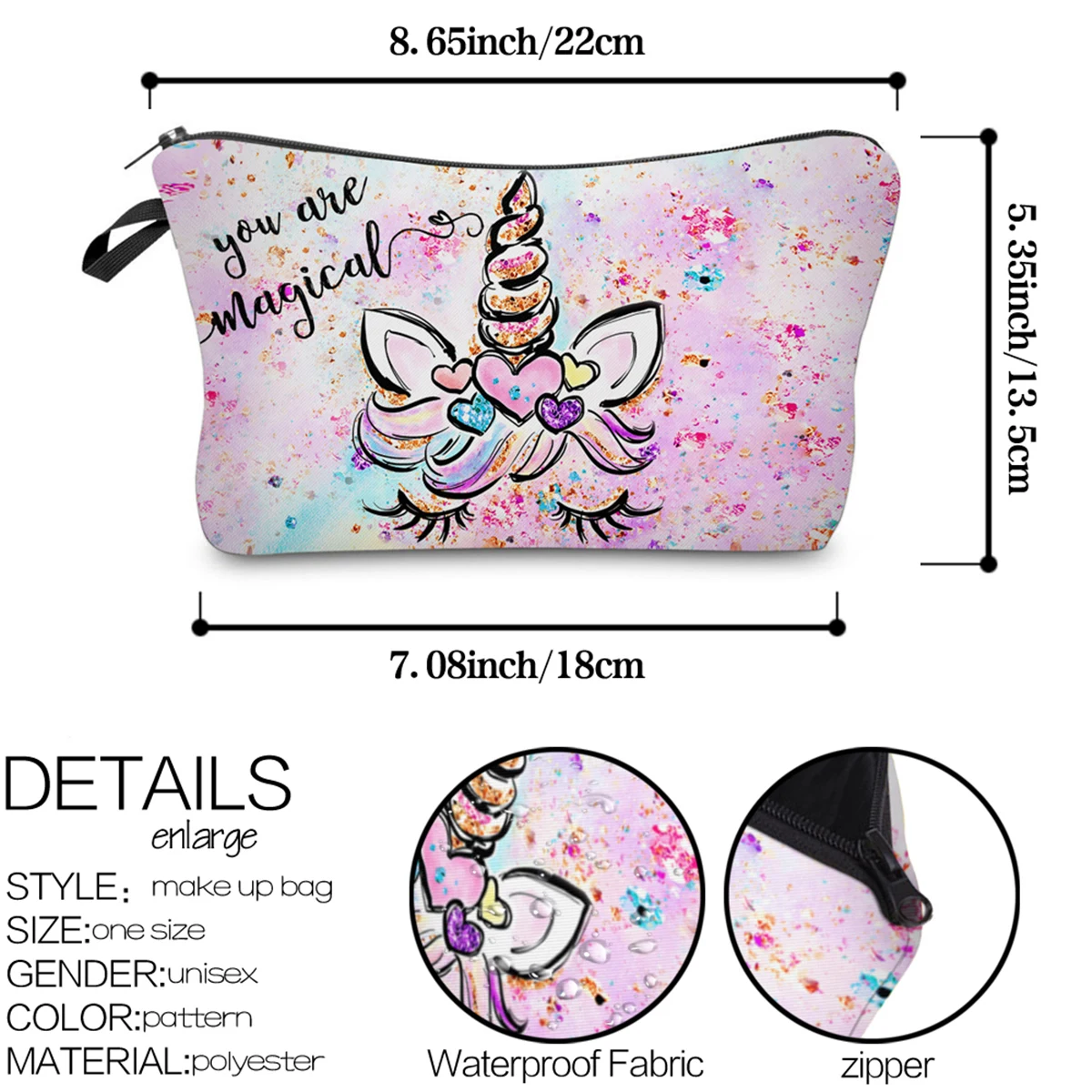 Cartoon Unicorn Print Makeup Bag, Toiletry Pouch Adorable Roomy Travel Water Resistant Cosmetic Bag Accessories Organizer Holida