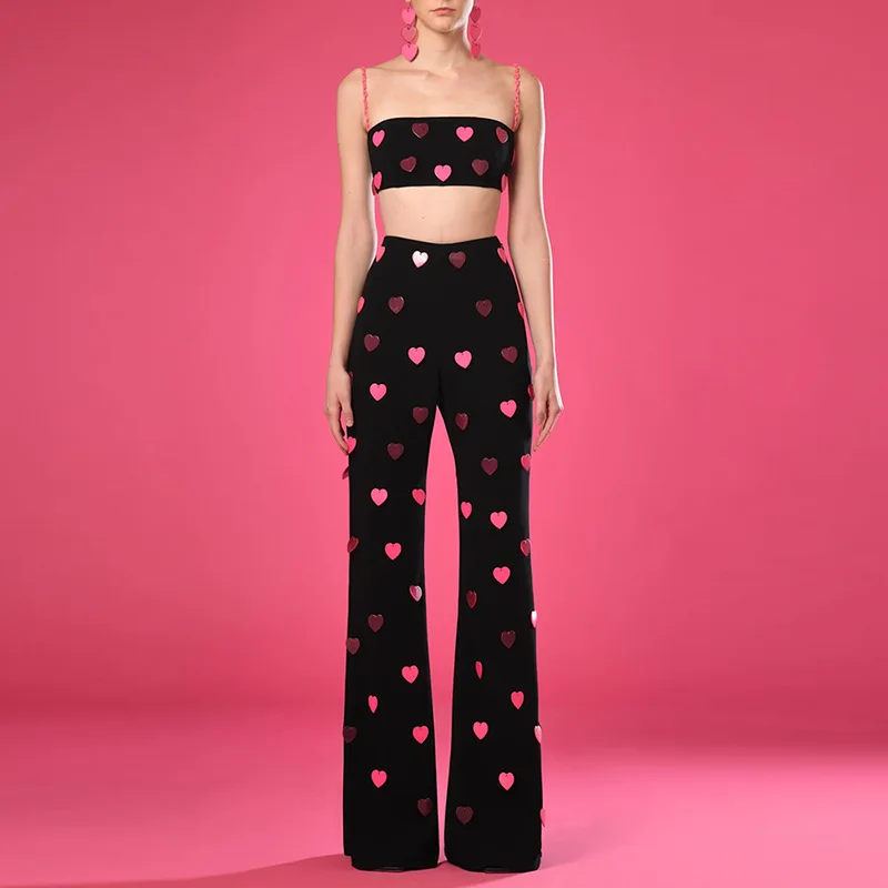 Spring And Summer New Fashionable Temperament Commuting Heart-Shaped Sequin Suspender Sleeveless Vest Pants Two-Piece Set