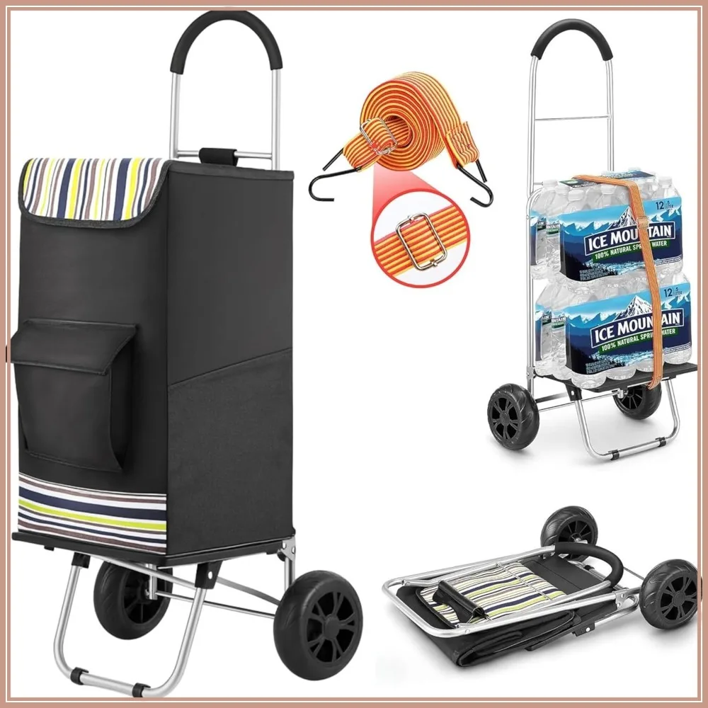 220 lbs Capacity Shopping Cart, Super Loading Grocery Trolley Foldable with Extra Large Black Bag & Adjustable Bungee Cord