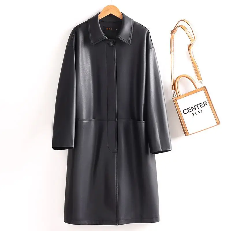 Loose leather jacket women autumn and winter new solid color simple style lapel collar fashionable commuting leather coat