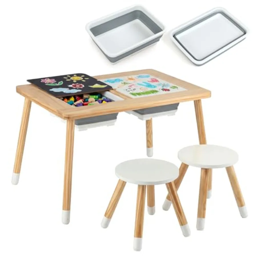 

Toddler Sensory Table and Chairs Wooden Table and Chair Set w/Double-Sided Boards 2 Foldable Storage Bins All-in-One Activity T