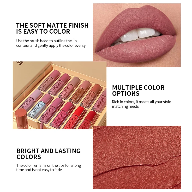 مجموعة ملمع شفاه غير لامعة مكونة من 12 قطعة، كوب غير لاصق مقاوم للماء يدوم طويلاً، نظام متعدد الألوان باللون الوردي والبني والأحمر والأرجواني #6