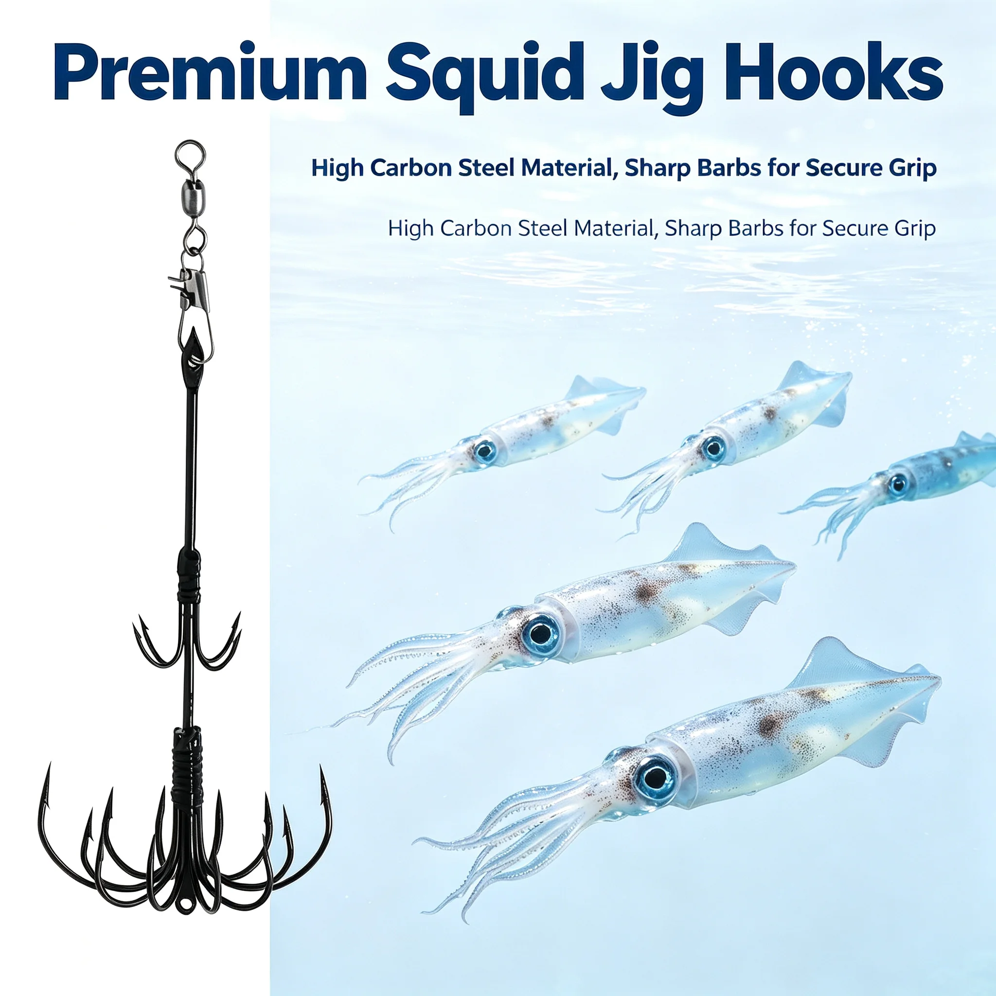 Stainless Steel Squid Hooks High Strength Multi Barbed Multi-Prong Jig Lures with Rotatable Swivel Snap Clips for Sea Fishing