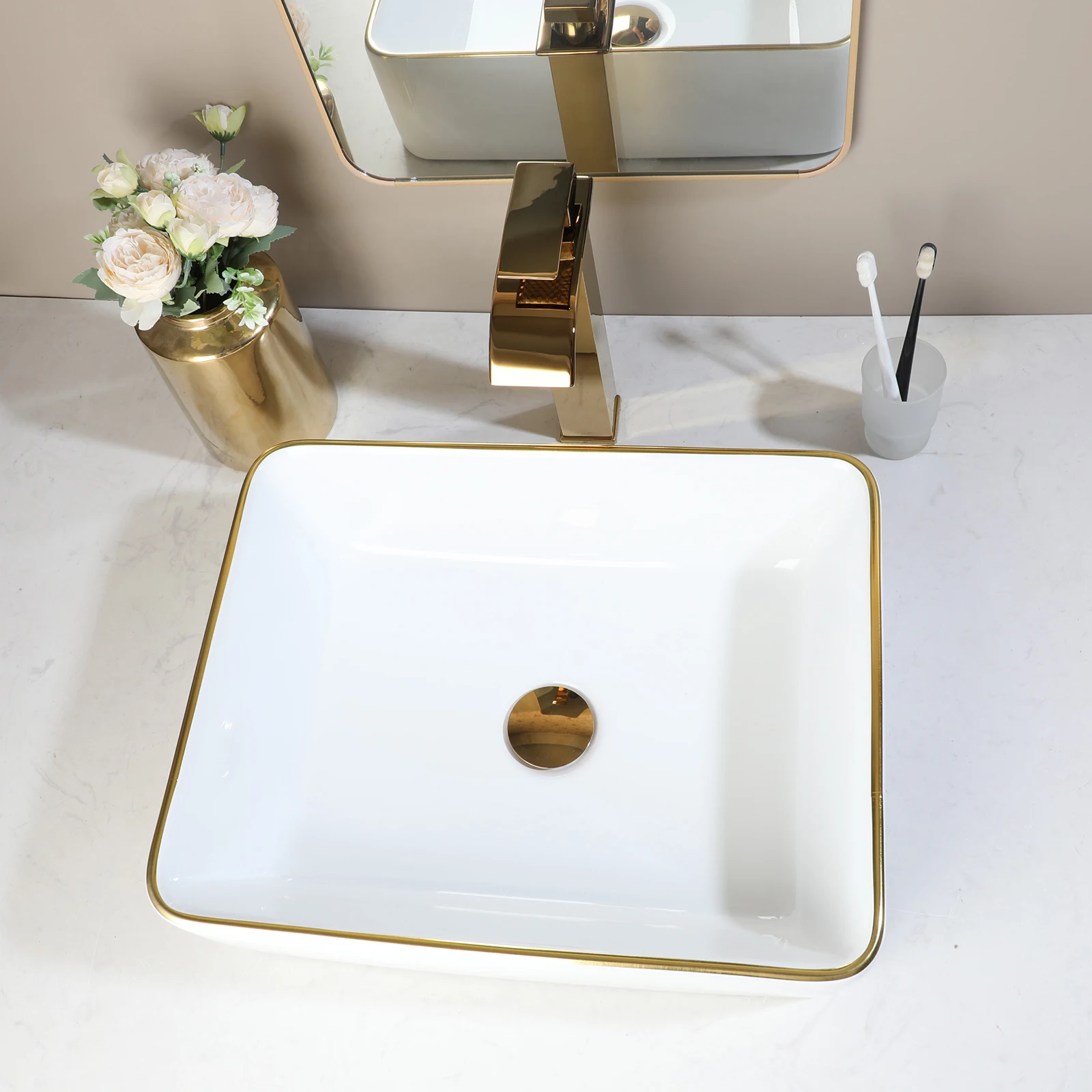 ZAPPO Ceramic White Vessel Sink with Faucet Rectangle Vessel Sink Above Counter Bathroom Sink Bowl White Body with Gold Trim