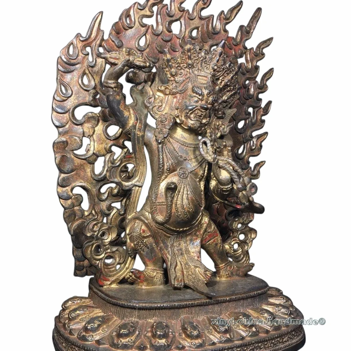 Big Antique Gilded Bronze Vajrapani Statue Tibet Guardian Buddha Flame Backlight