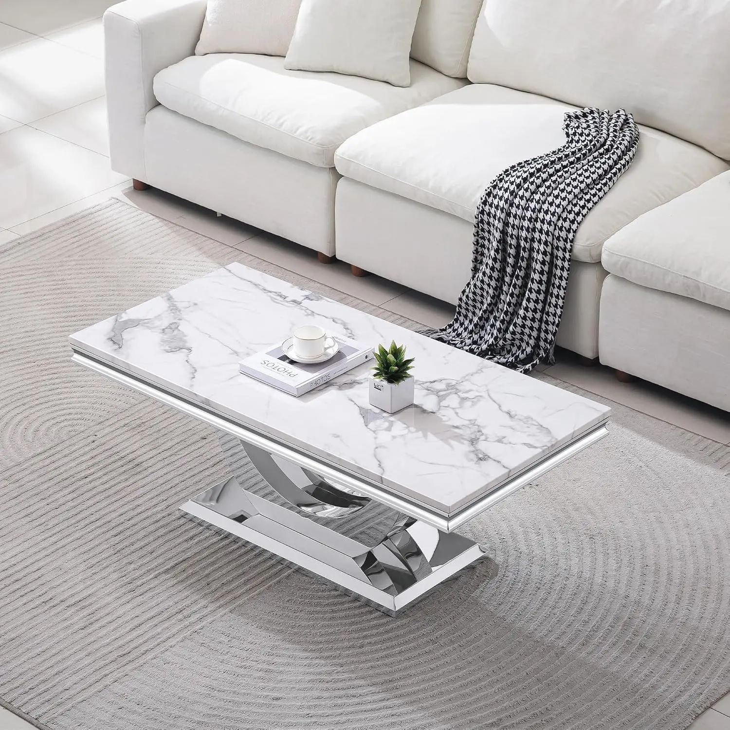 Rectangular Faux Marble Coffee Table, U-Shape Steel Base, Silver Finish, 0.71
