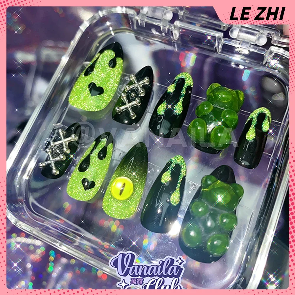 Japanese Series Kawaii Cinnamoroll Kuromi Almond Fake Nails 3D Rhinestone Bow Love Bear Capsule Cosplay Full Cover Party Sticker