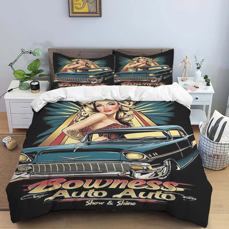 V-vintage Car Fashion Trendy Print Three-piece Set Suitable for Kids or Adults Quilt Cover Pillowcase Bedding Set Birthday Gift