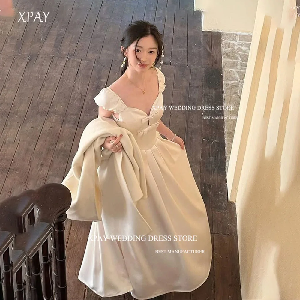

XPAY Princess Sweetheart Collar Bow Korea Wedding Dresses Satin A Line Photos Shoot Dress Customized Ruffles Short Bride Gown