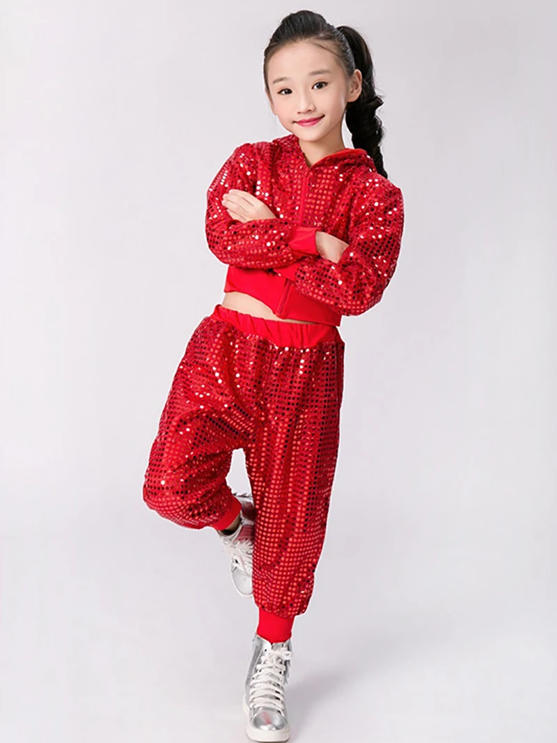 Children Modern Dance Costumes Sequins Men Women Cheerleading Gymnastics Performance Costume Jazz Hip-hop Street Dancewear Set