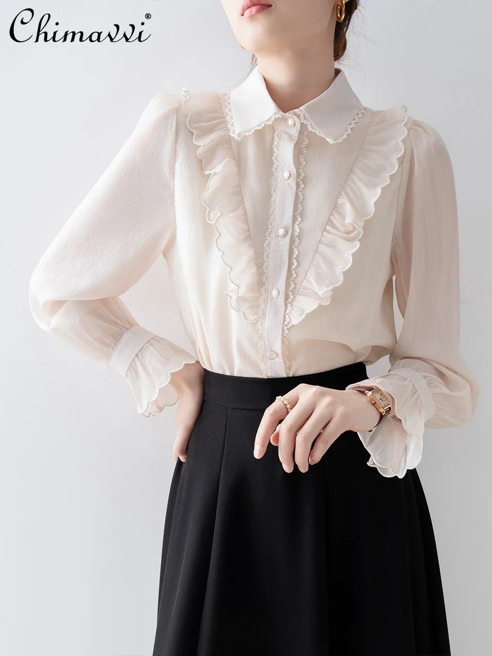 

Summer 2024 French Commuter Ruffled Lace Stitching Doll Collar Flared Sleeves Long Sleeves Single-Breasted Blouse Tops Women