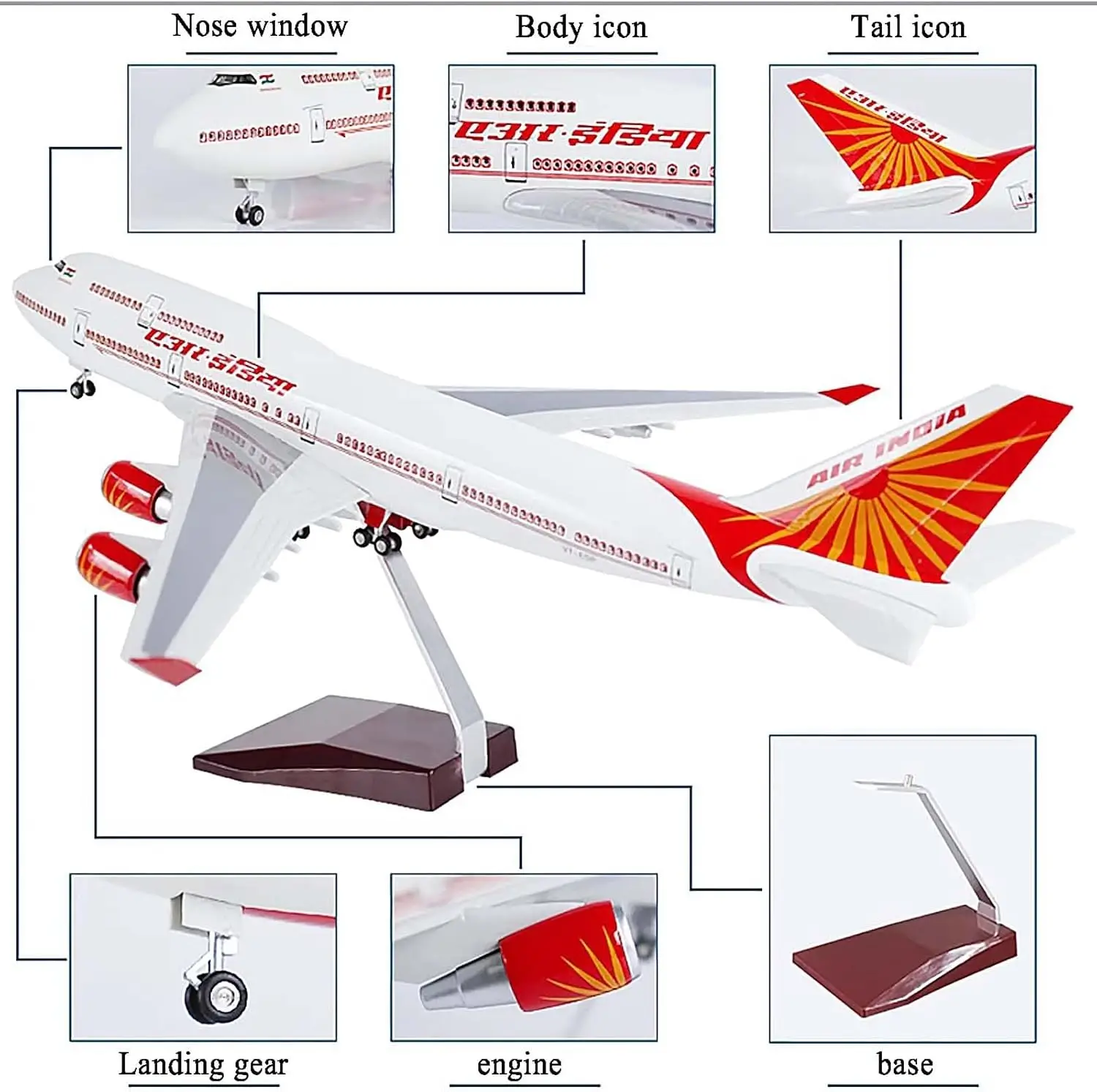 1/150 18.5-inch Air India B747-400 Aircraft Model with Wheel Lights Airplane Assembled Gift Collection Commemorative Ornaments