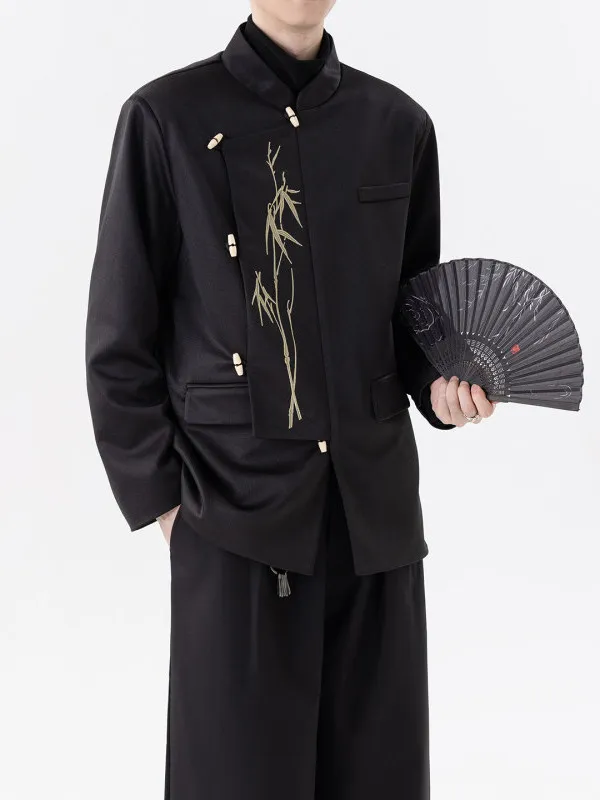 New Chinese Style Bamboo Leaf Embroidery Suit Jacket Men's Retro Button down Mandarin Collar Tang Suit Western Clothing Zhong...