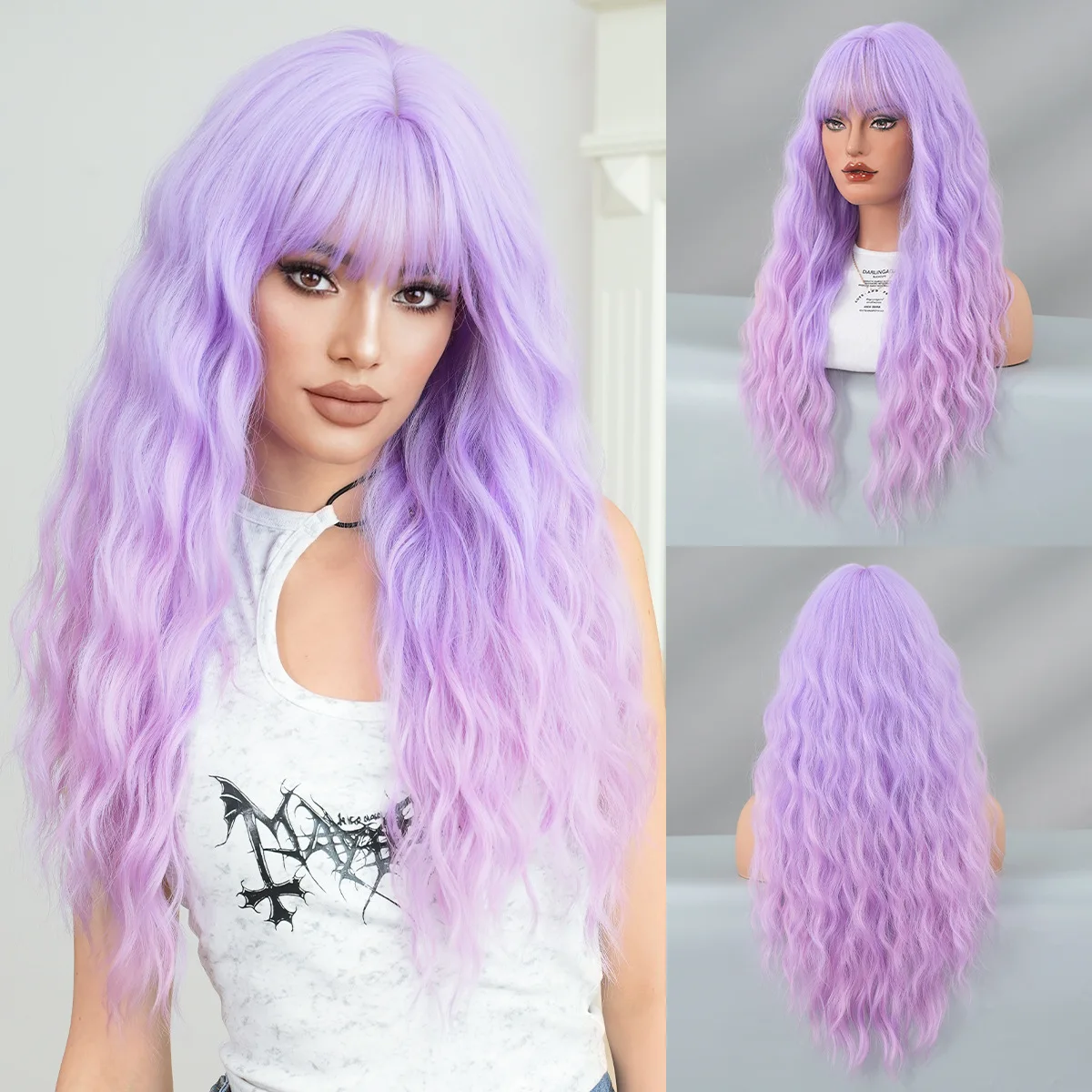 Lilac Pink Purple Long Curly Hair Qi Bangs European and American Party Halloween Cosplay High Quality Fiber Wig