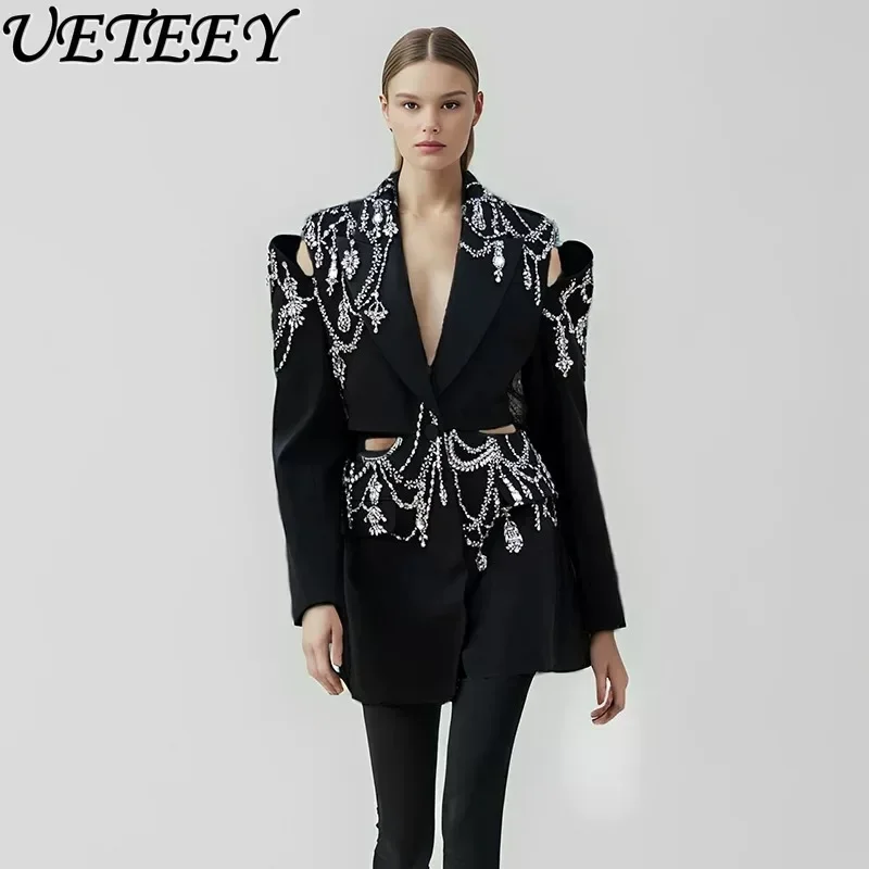 European and American Catwalk Coat Summer New Fashion High Sense Rhinestone Backless Hollow-out Midriff Suit Jacket for Women