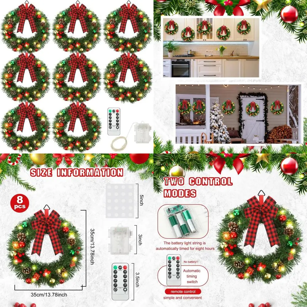 

Pre-Lit 14 Inch Artificial Christmas Wreath with Battery-Powered LED Lights and Timer for Holiday Decorations