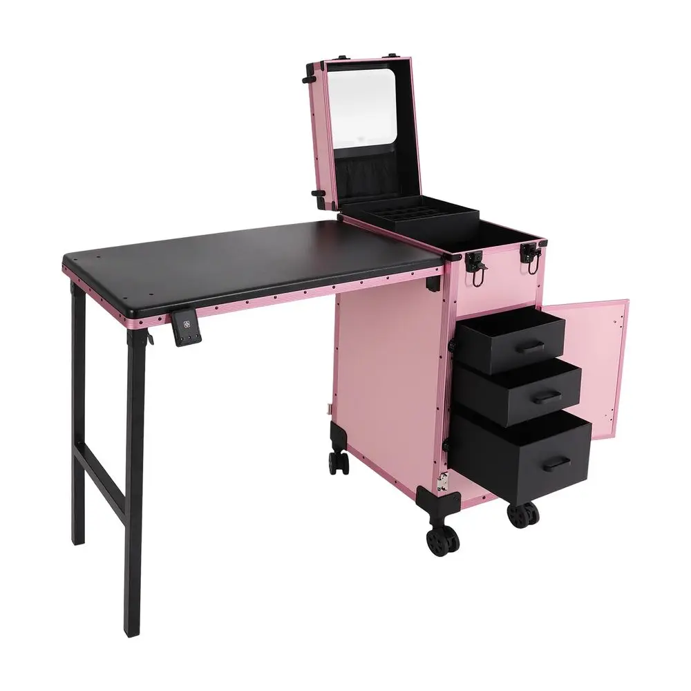 

Portable Manicure Table with 3 Drawers, Lockable Makeup Train Case with LED Mirror amp Nail Polish Organizer, Foldable Nail Des