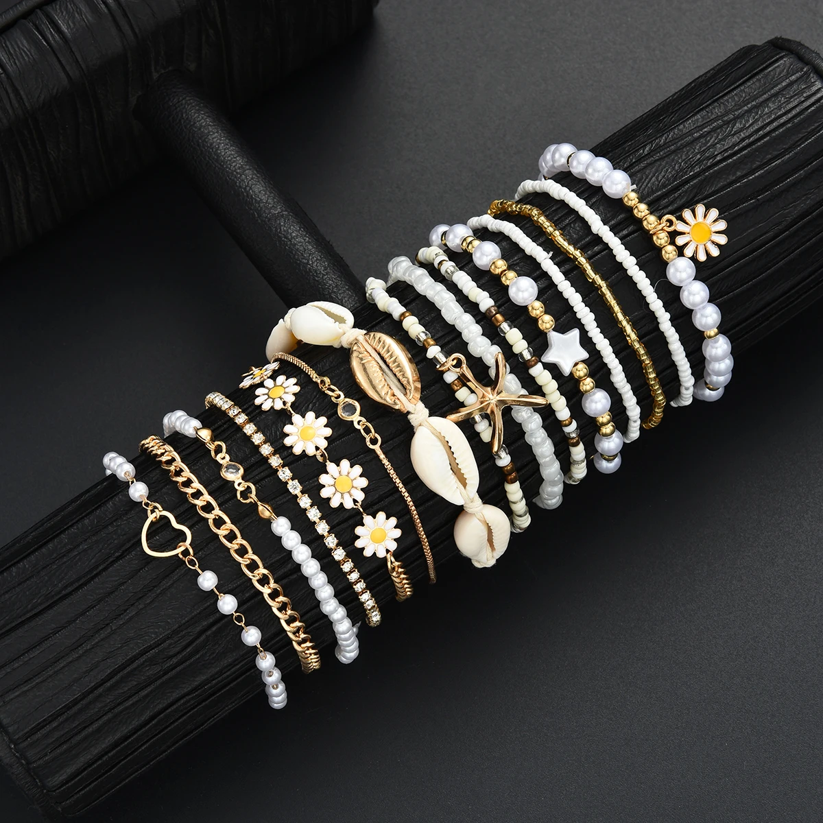 15PCS Bohemian Starfish Shell Rice Beaded Bracelets For Women Summer Gold White Color Daisy Pearl Bracelets Sets Beach Jewelry