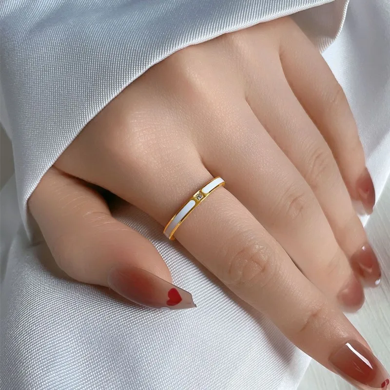 Stainless Steel White Enamel Single CZ Thin Stackable Ring Wedding Band for Women Girl Size 5-10