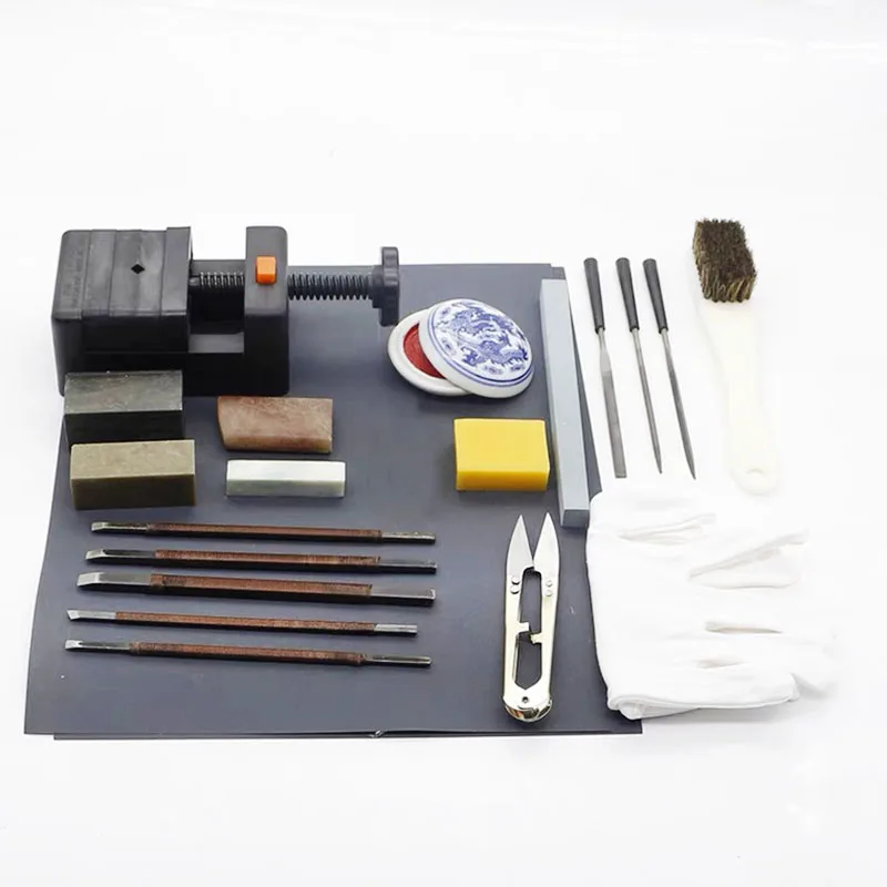 Calligraphy Seal Stone Carving Tools Chisel/Knife Set Chinese Seal Stone, Wooden Seal Carving Bed for Carving 15 Pieces Set