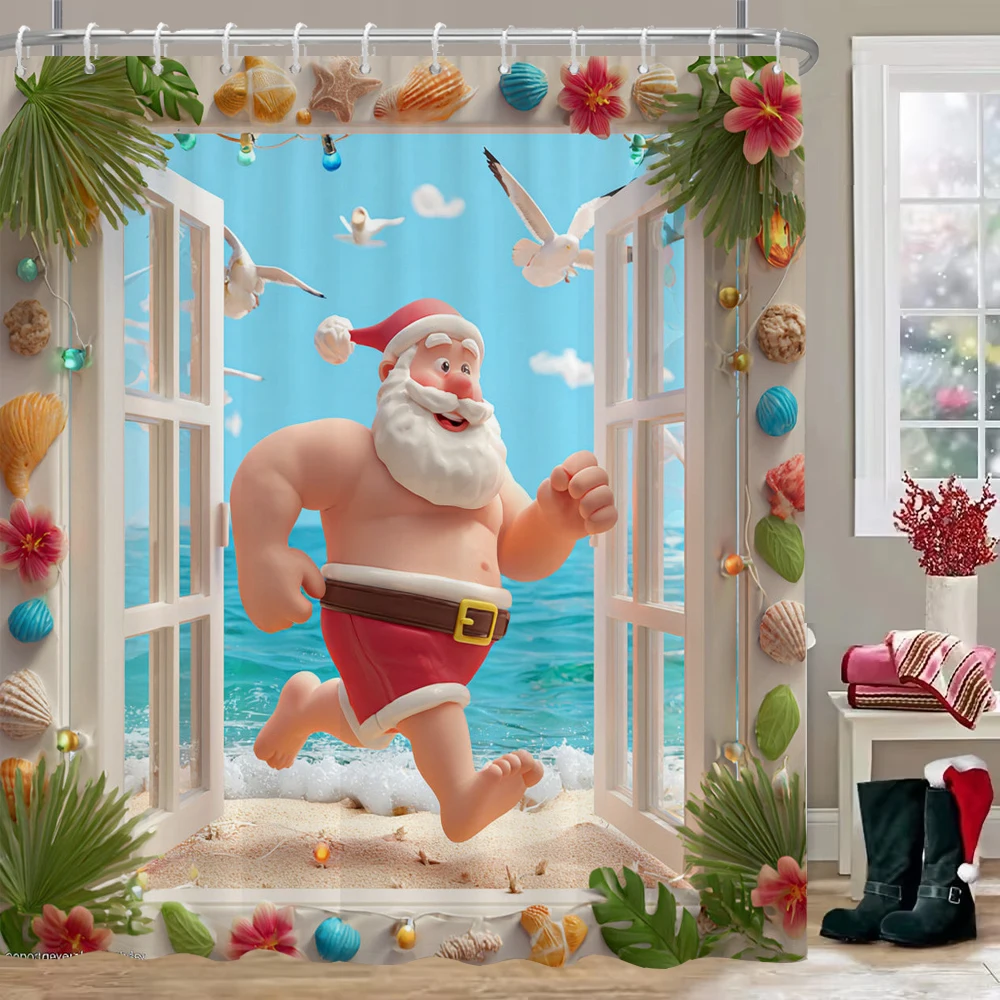 

Cartoon cute Santa Claus Shower Curtains with hooks Christmas tree,Santa Claus Snowman Bathroom Curtain，Christmas home Decor Cu