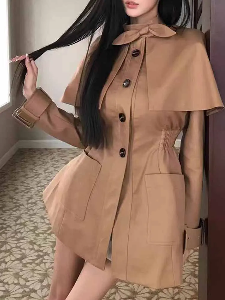 الكاكي شال طوق الدانتيل يصل خندق معطف المرأة كم كامل واحدة الصدر جيب الخصر Cinching سترة 2025 الخريف الشارع أبلى