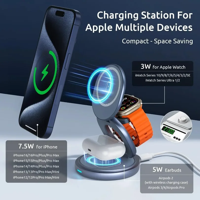 Magnetic Wireless Charger Zinc Alloy for Magsafe iPhone 17~12 Pro Max Apple Watch 11-2 Airpods Pro 4/3/2 Fast Charging Station