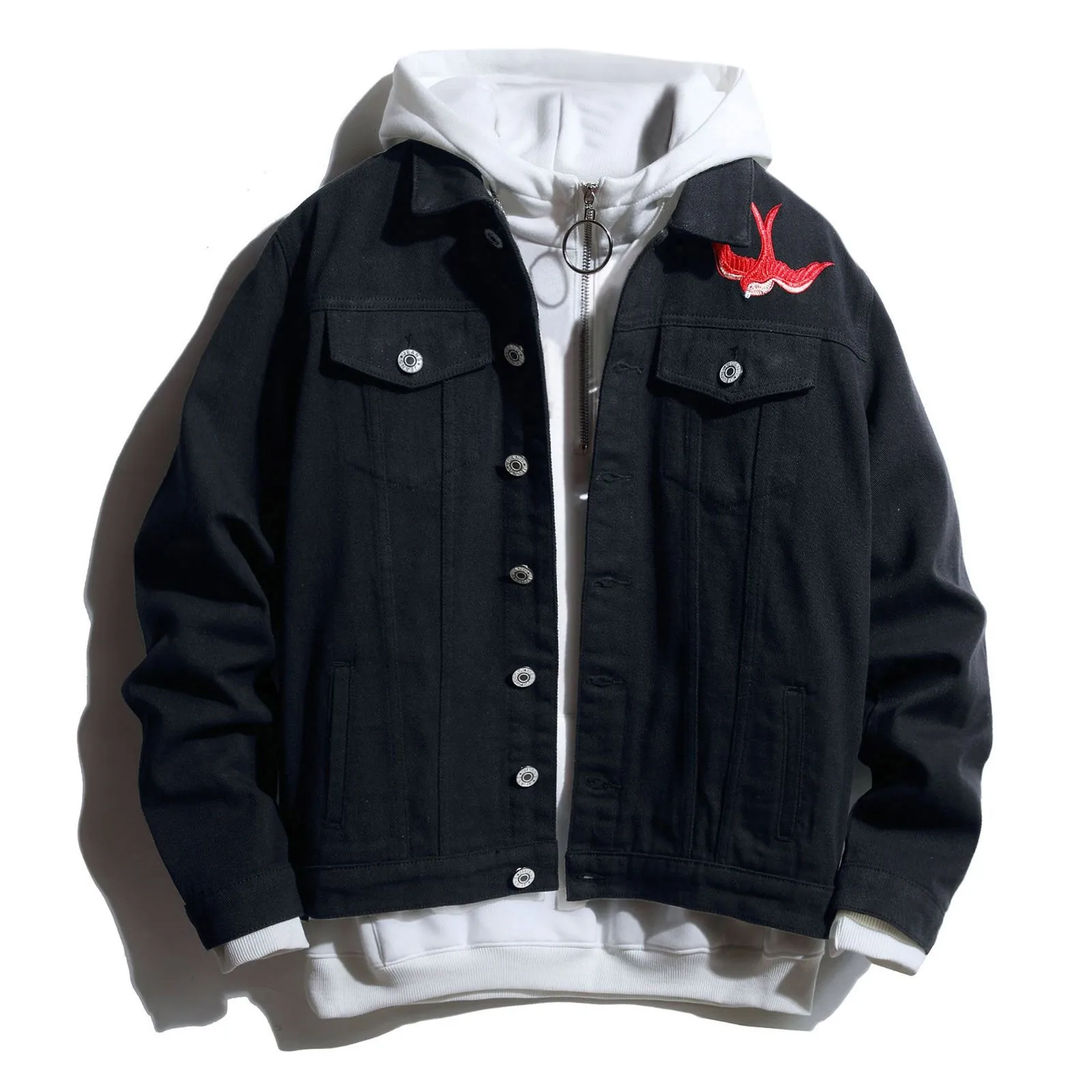 Stiles Jacket Men'S Oversize Denim Jacket Embroidery Lapel Patchwork Button Baggy Solid Color Outdoor Winter Jackets For Man