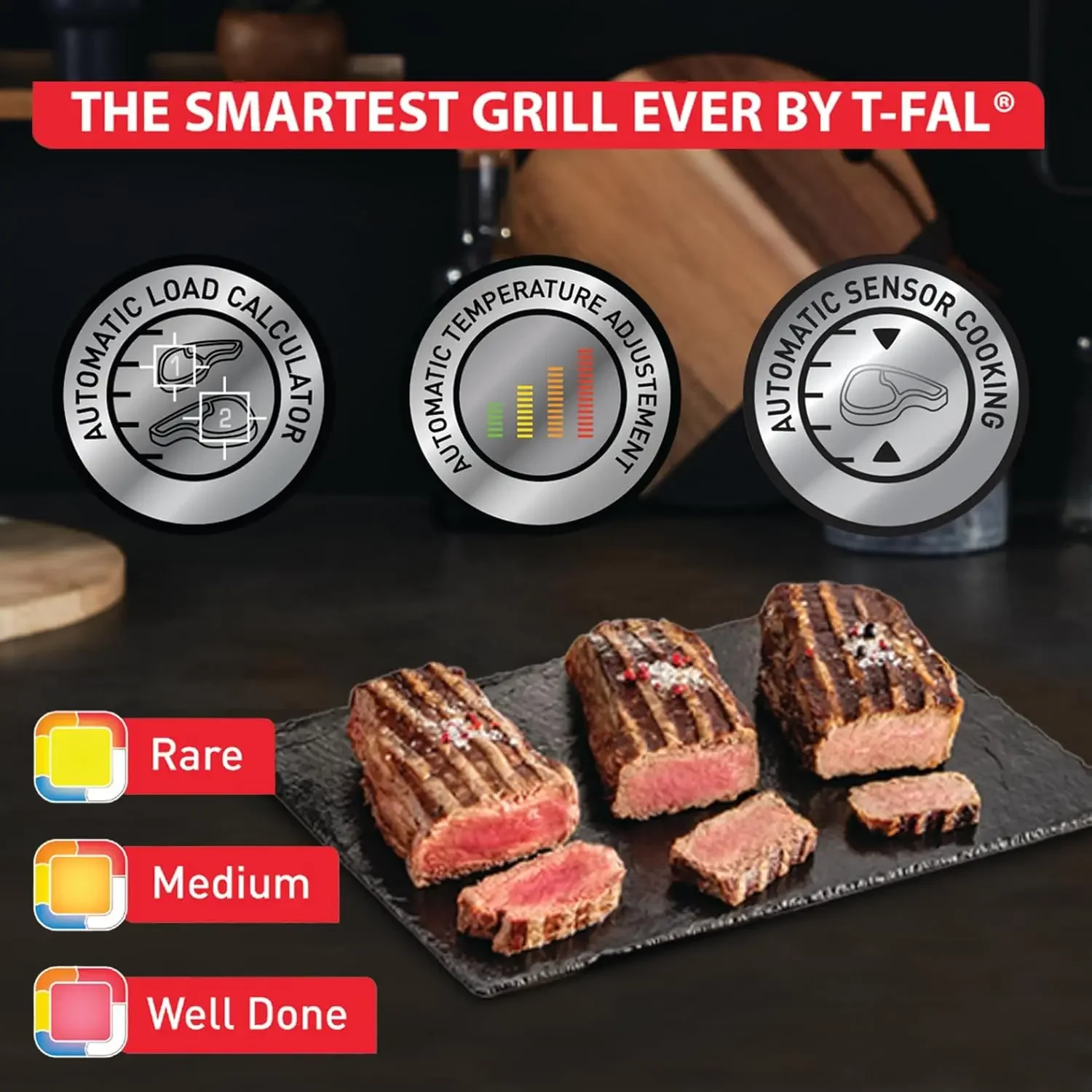 OptiGrill Stainless Steel Electric Grill Indoor 4 Servings 6 Automatic Cooking Modes, Intelligent grilling rare 1800 Watt