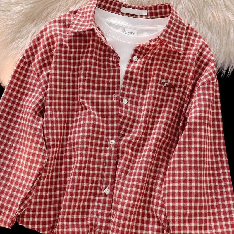 Deeptown Red Plaid Women Shirts Vintage Dog Embroidery Long Sleeve Korean Fashion Blouses Oversized Preppy Casual Basic Trendy