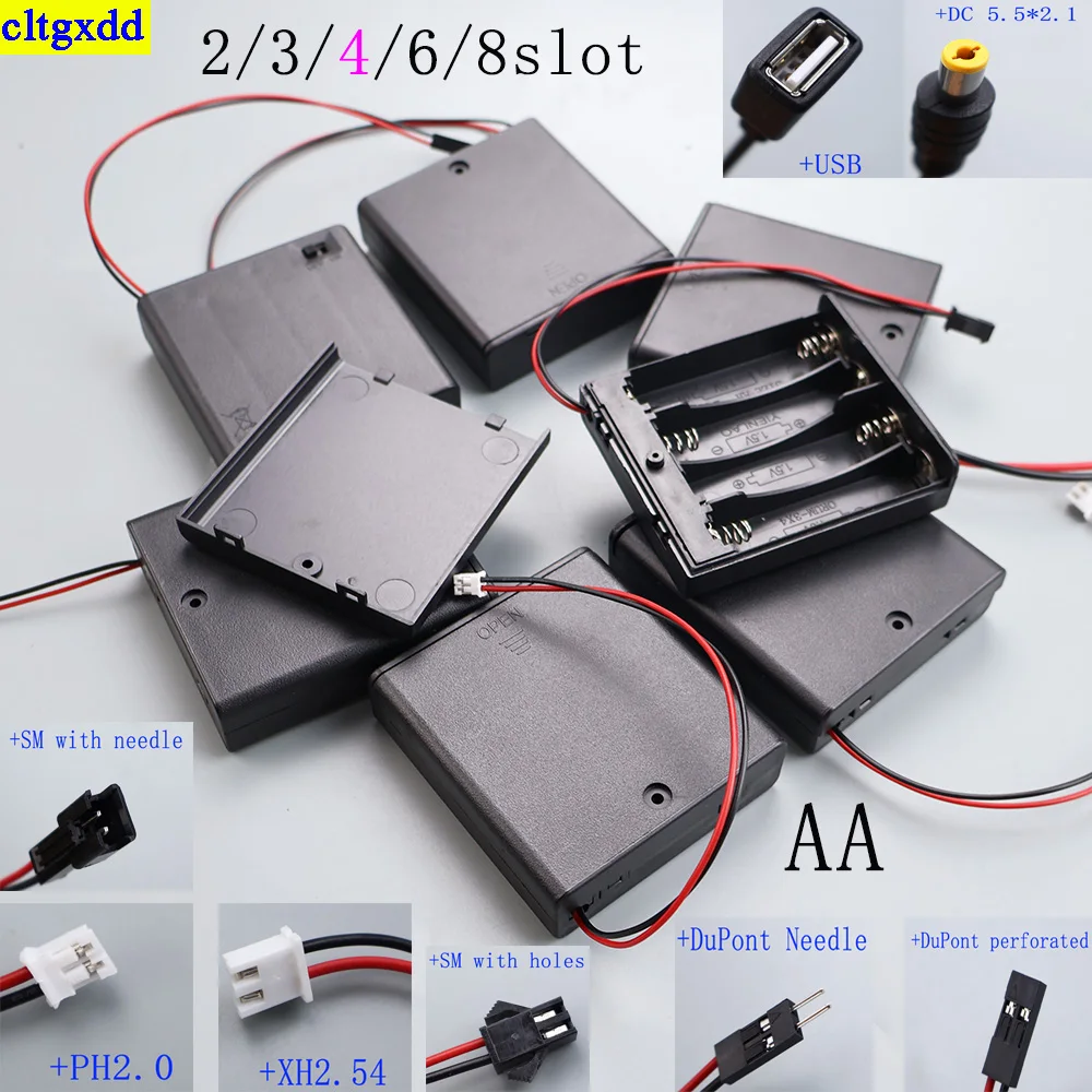 

Cltgxdd 1 set AA 4-slot battery holder cartridge PH2.0 XH2.54 SM Dupont DC USB lead with on/off switch cover 2 3 4 6 8 slots