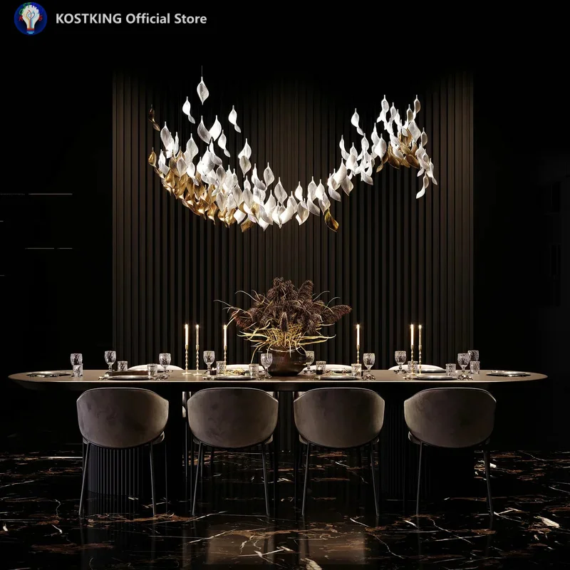 Modern Design Ceramic Leaf Chandelier Custom Art Suspension White Gold Leaves Lightings for Table Top