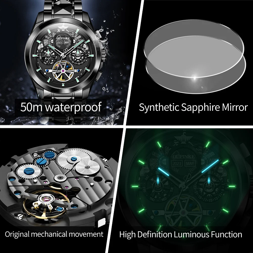 OUPINKE Brand Luxury Mechanical Watches Mens Automatic Luminous Sapphire Steel Waterproof Perpetual Calendar Week Reloj Hombre