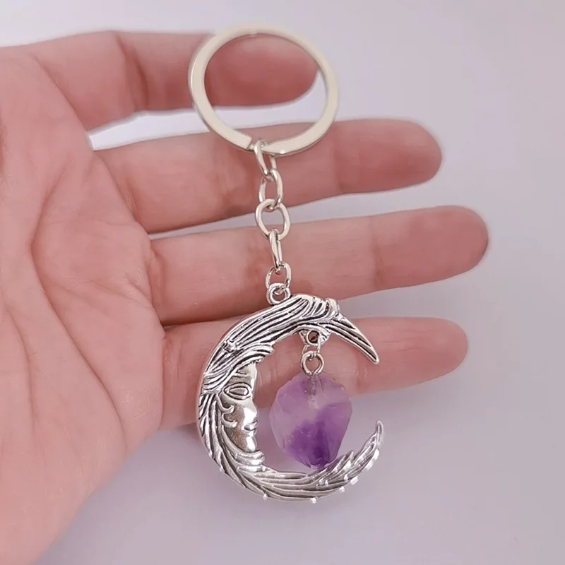 Vintage Moon Natural Stone Keychain Amethyst Moon Goddess Fashion Bohemian Jewelry Gift Car Door Lock Key Accessories Gift Trend