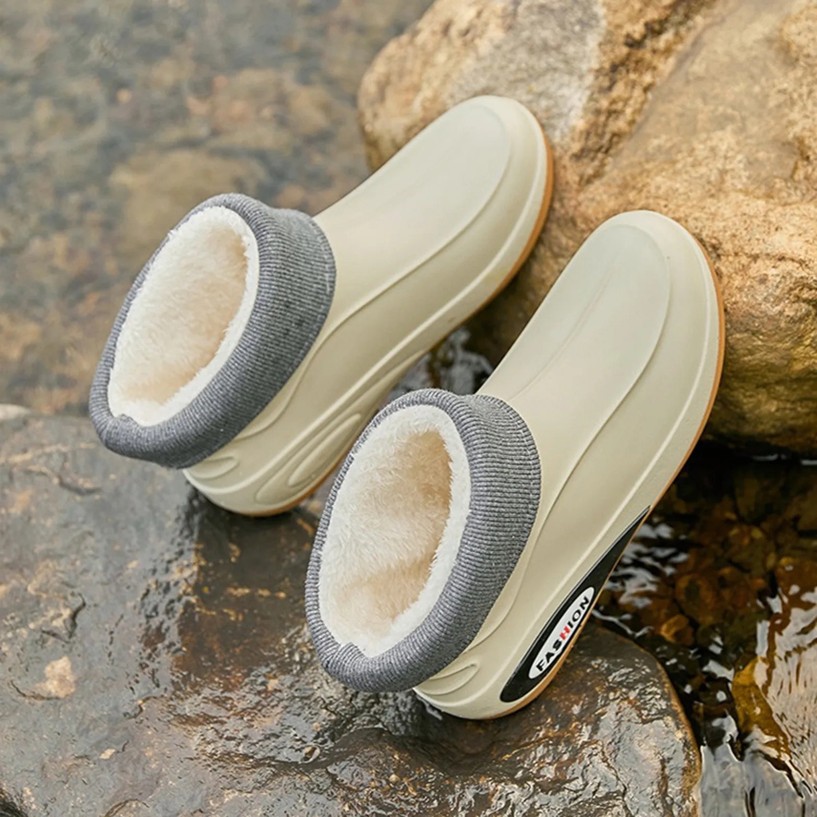 New Short Tube Men's Stylish Winter Outdoor Warm Velvet Rainboots Waterproof Anti-Slip Work Shoes Kitchen Fishing Water Shoes image 5