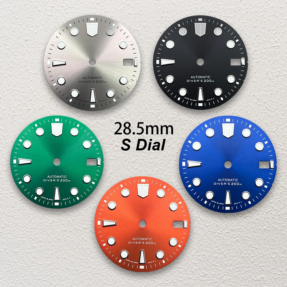 

28.5mm S Logo Sunburst Dial Fit NH35/NH36 Japanese Movement Green Luminous High-Quality Diving Watch Modification Accessories