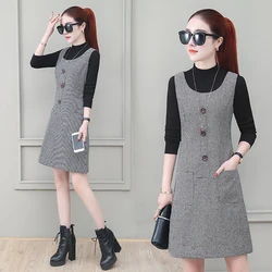 Women Grid Sleeveless Bottom Dress 5xl 2025 New Autumn/Winter O neck Temperament Slim Woolen Vest Dress Female Fashion Clothing