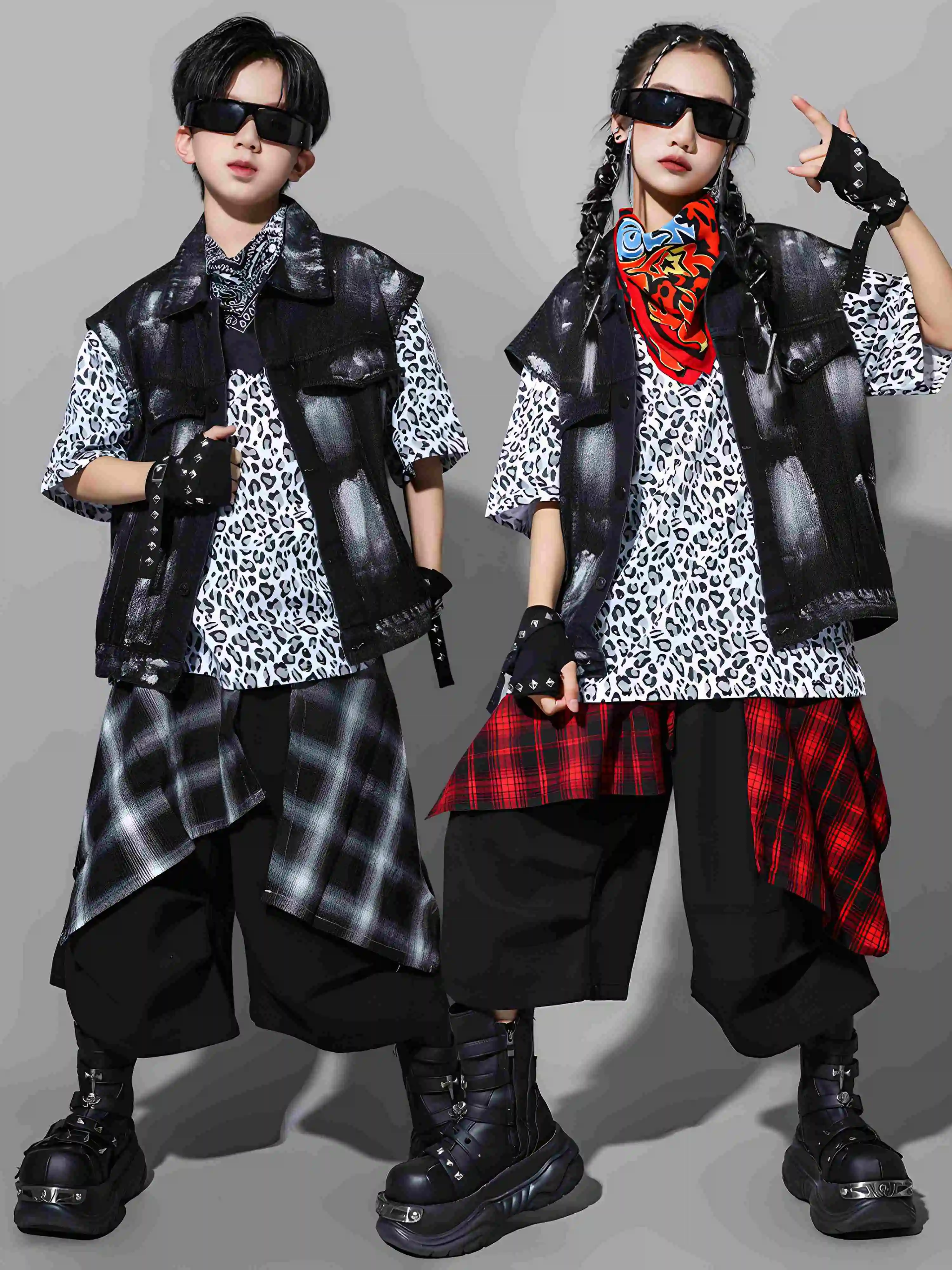 Hip Hop Dance Costume Kids Black Denim Vest Shorts Leopard Tops Girls Boys Drum Jazz Dance Performance Wear Stage Suit BL16440