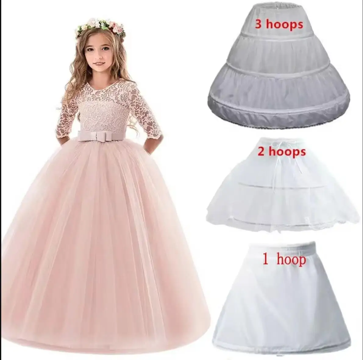 Falda de crinolina para niñas con aros, falda interior corta blanca, falda de crinolina estilo A para vestido de gala