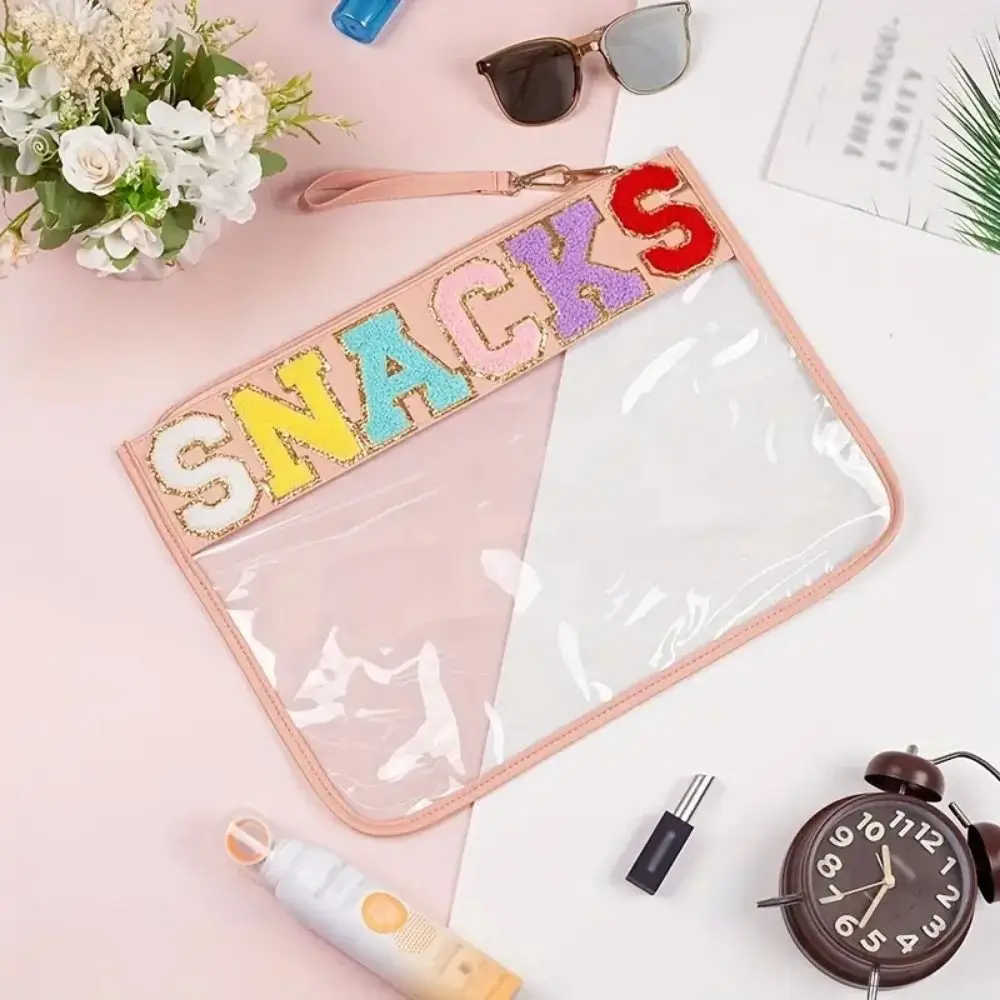Transparent PVC Cosmetic Bag Waterproof Chenille Letter Patches Make Up Pouches Large Capacity Carry on Women's Clutch Vacation
